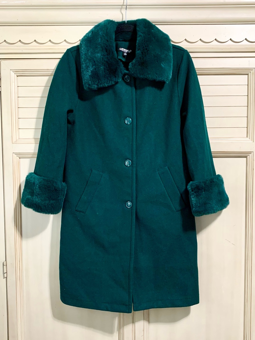 Love 83 Long Teal Jacket With Faux Fur Trim Women’s Size Small Faux Suede